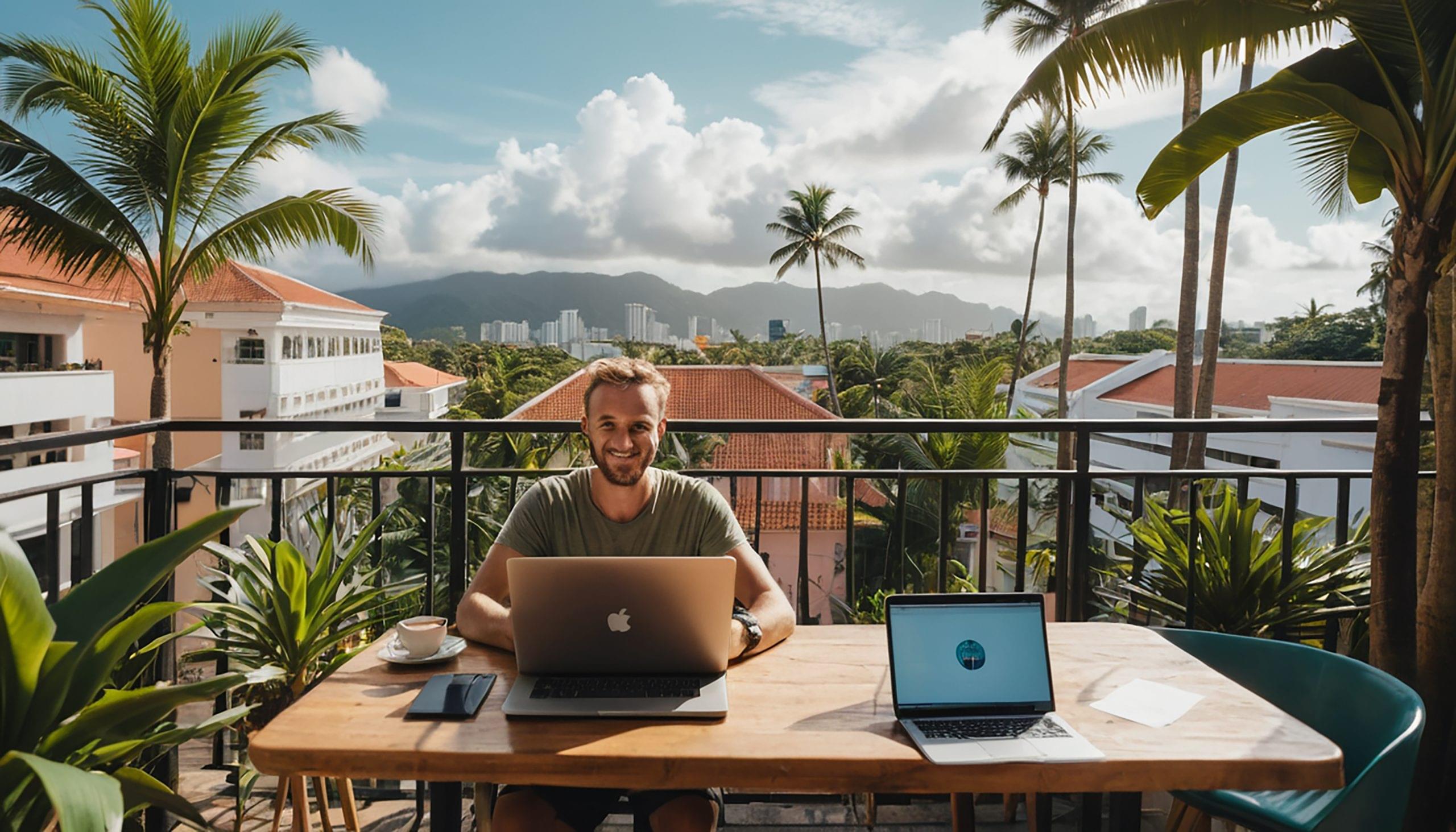 man-sits-table-with-two-laptops-city-background